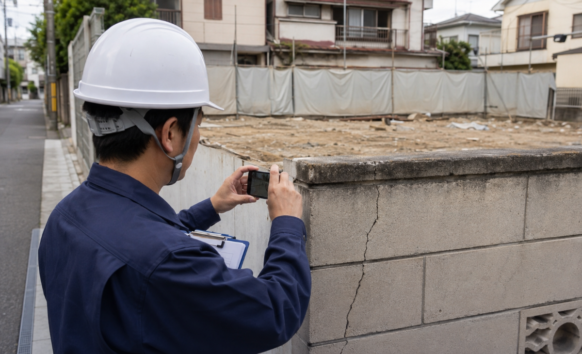 解体現場の責任者が境界ブロックのひびをスマートフォンで記録している様子