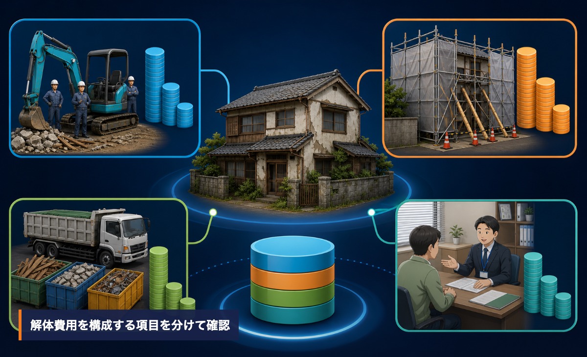 危険家屋の解体費用を本体解体・安全対策・廃材運搬処分・行政相談に分けた図解