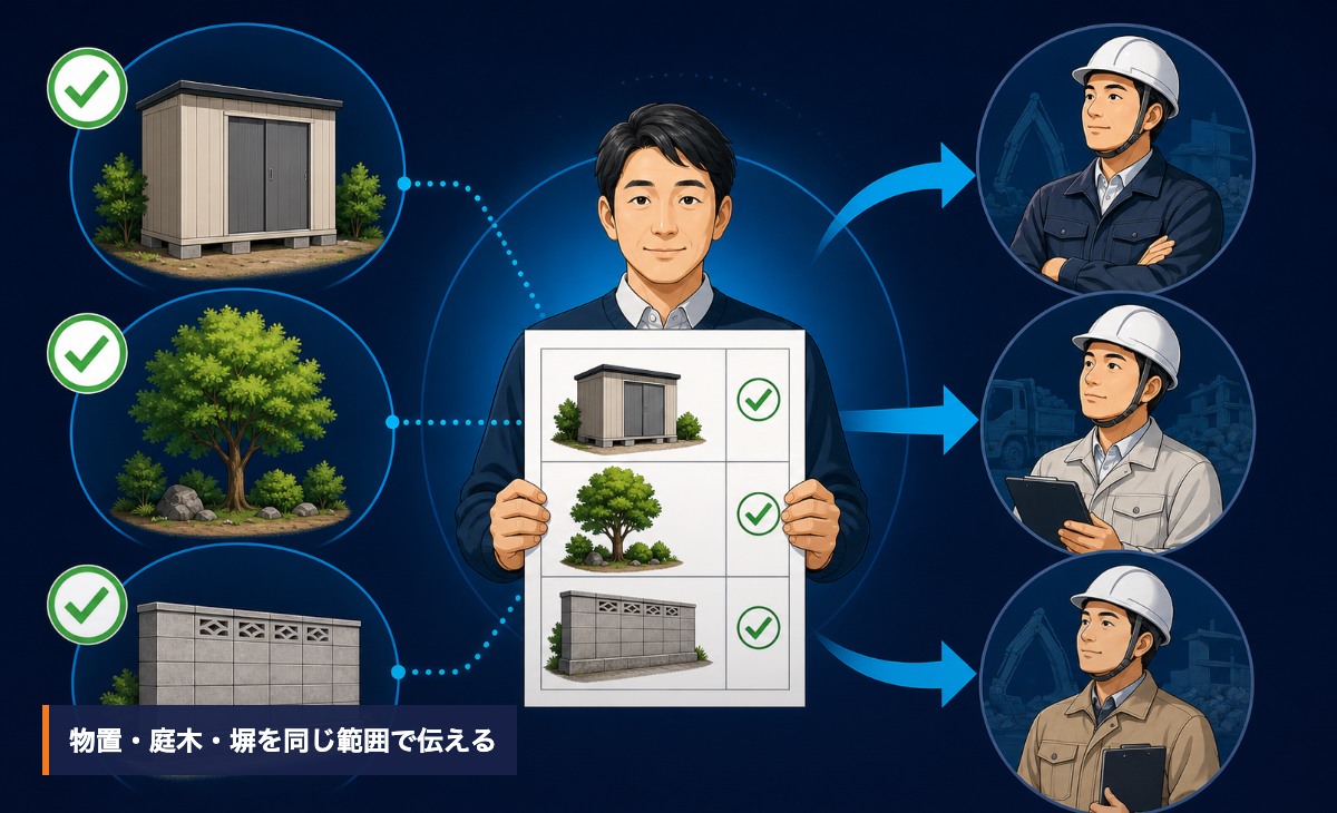 住宅所有者が物置・塀・庭木の希望範囲を示し、解体業者が確認する様子
