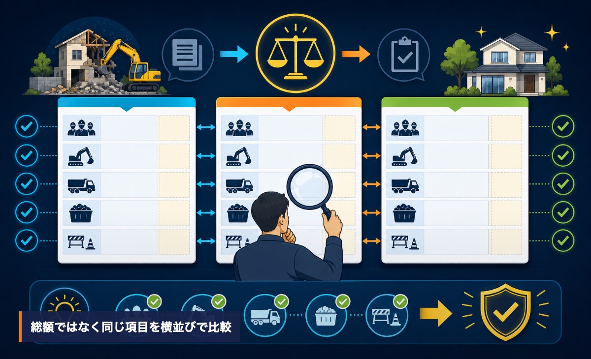 住宅所有者が室内で複数社の見積書を同じ項目ごとに比較する様子