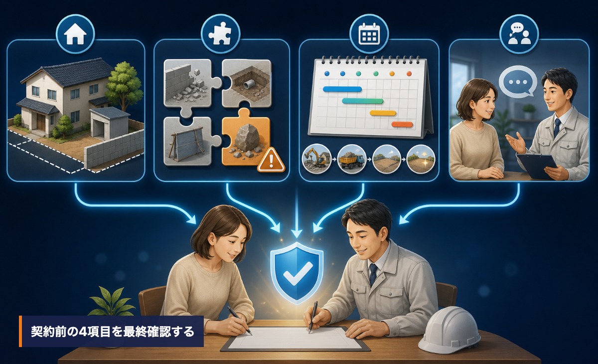 撤去範囲・追加条件・工程・連絡方法を契約前に最終確認する流れを示した図解