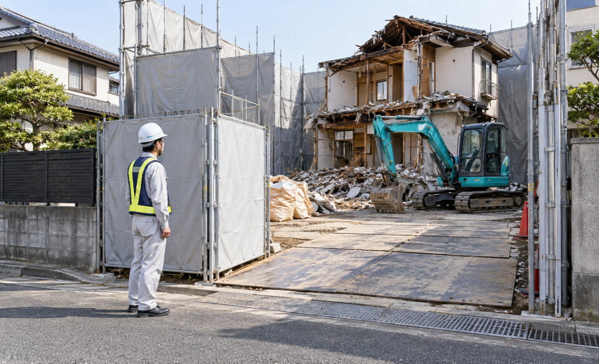 養生された住宅解体現場で停止中の重機と作業区域を安全な位置から確認する現場管理者のイメージ