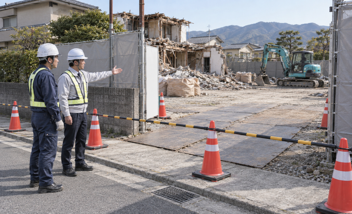 解体現場の入口で停止中の重機から離れ、安全区域と役割を確認する作業員と現場管理者のイメージ