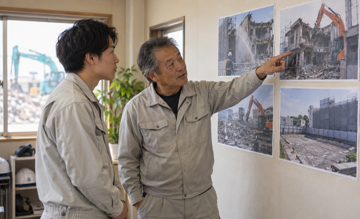 解体事業所で工程写真を見ながら次の施工管理の役割を相談する若手従事者と現場責任者のイメージ