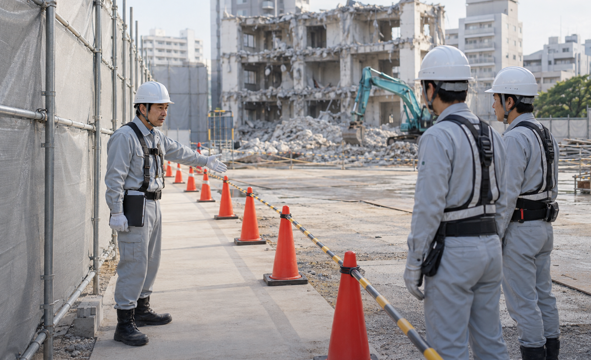 解体現場の朝礼で安全な作業範囲を確認する職長と作業員