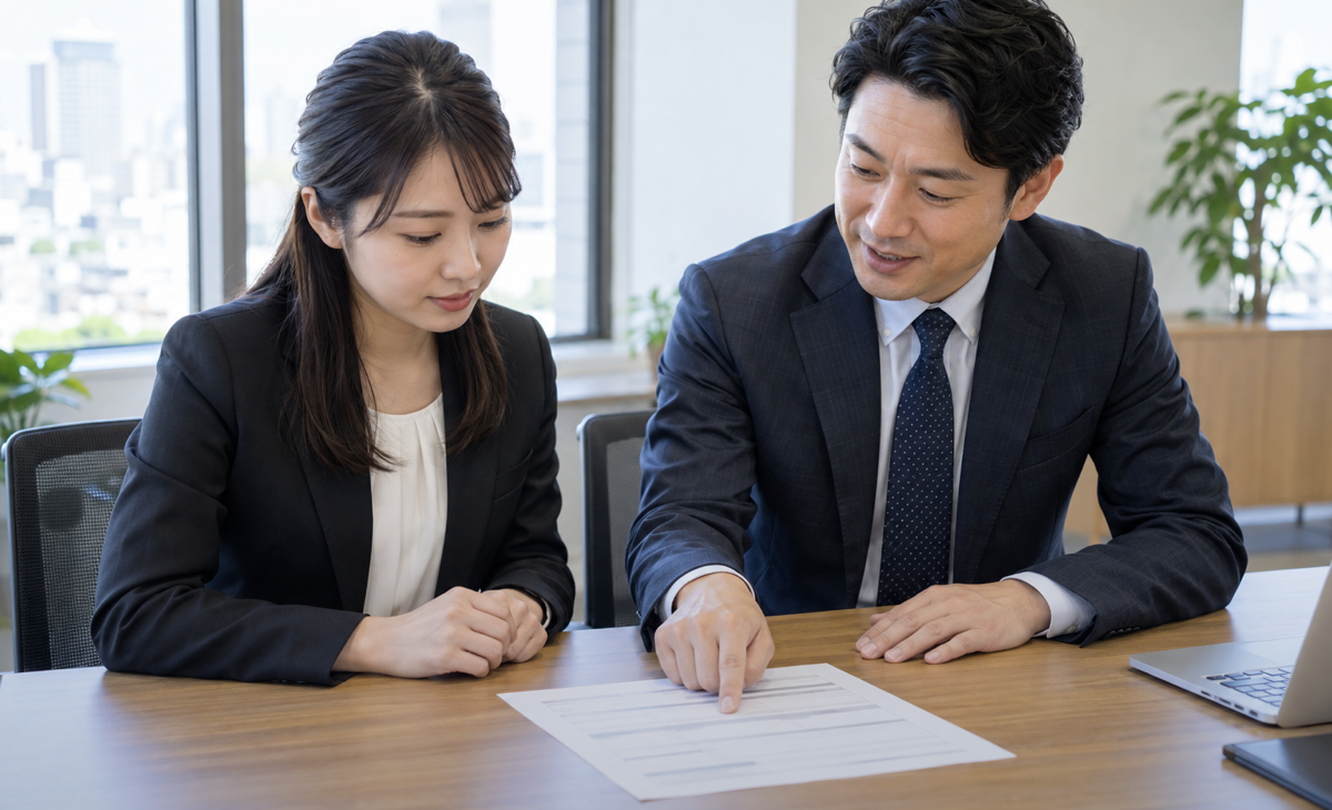 求人票の賃金欄を確認する求職者と担当者