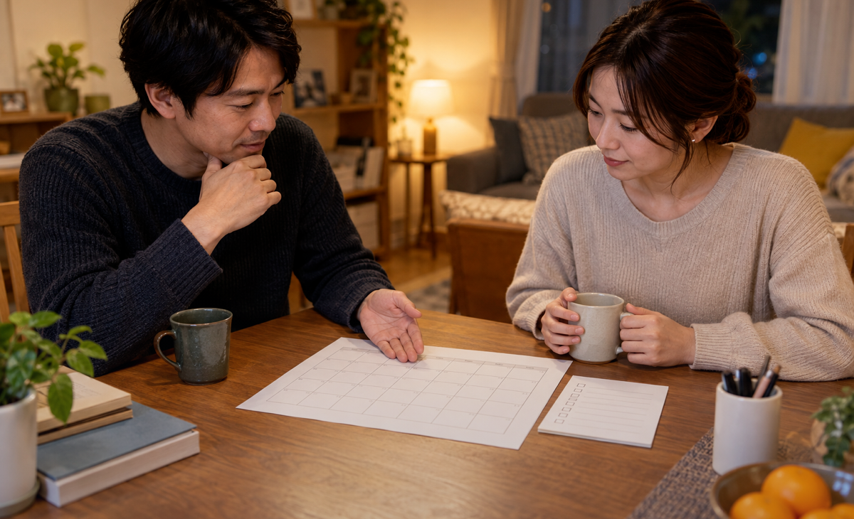 自宅で勤務条件と将来設計を話し合う成人の家族