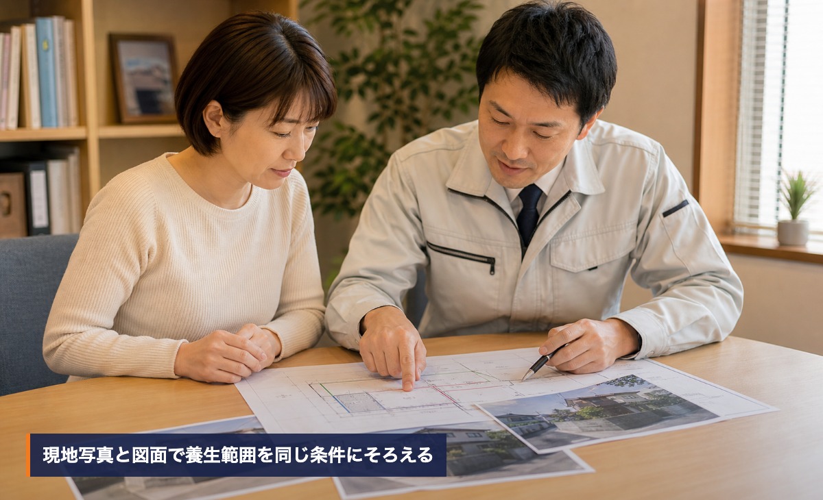 住宅所有者と担当者が現地写真と図面で養生する範囲を確認する様子