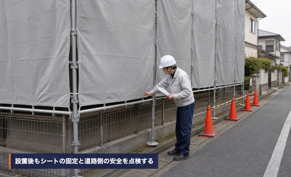 足場に固定した養生シートと道路側の安全を点検する様子