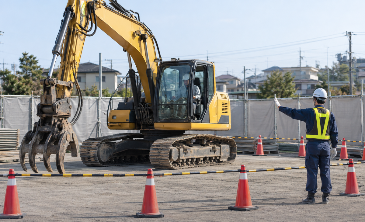 平坦な作業場所で解体用車両系建設機械の操作と安全な誘導距離を確認する作業員