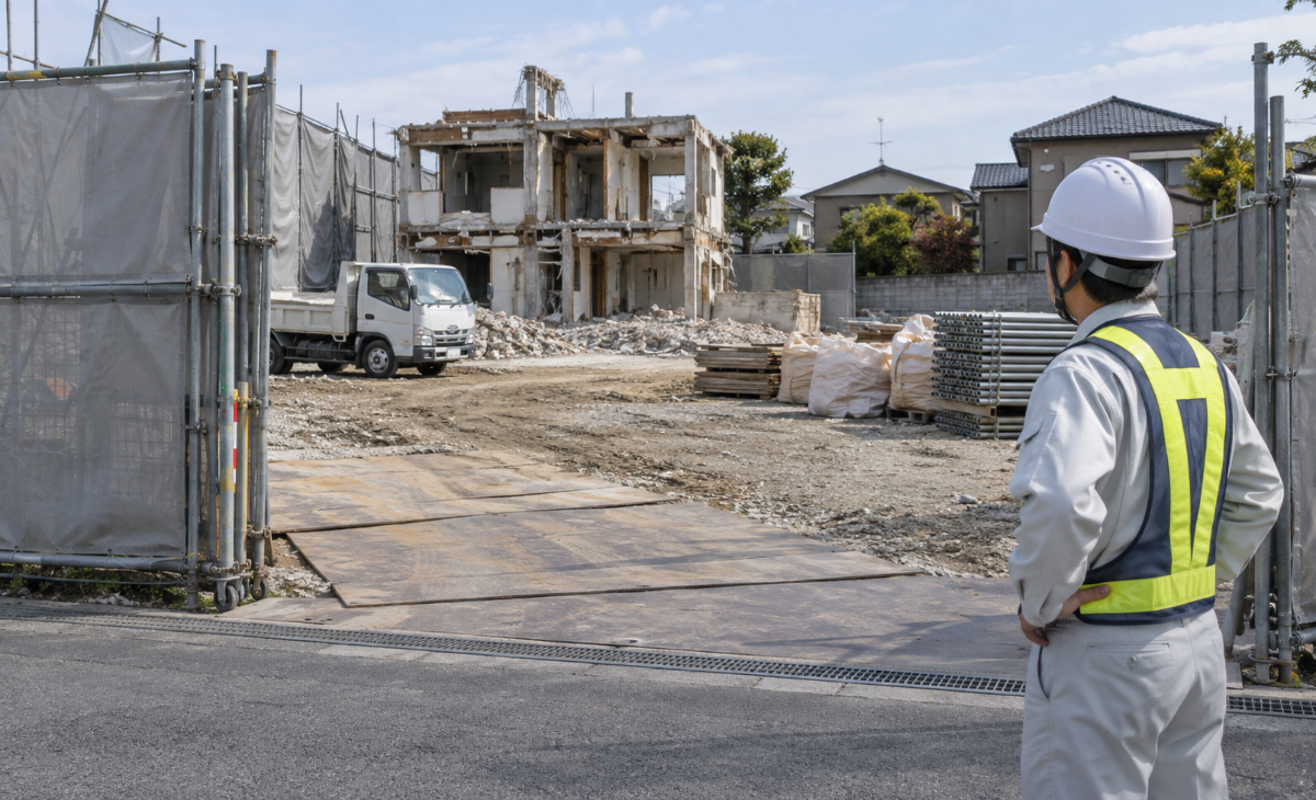 現場責任者が仮囲いの出入口と搬出路を見渡して管理する解体現場
