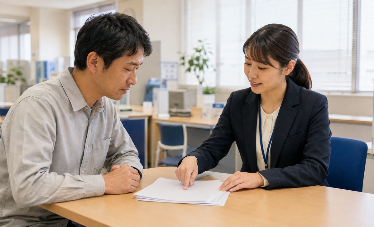 解体補助金の申請書類を自治体窓口で確認する申請者と職員