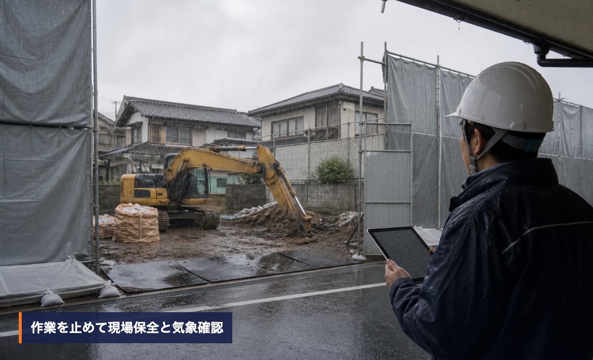 雨天の解体現場を安全停止し担当者が気象情報を確認するイメージ