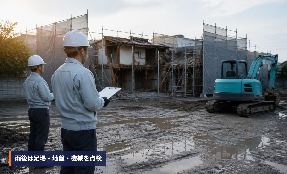 雨がやんだ解体現場で担当者が足場と地盤を点検するイメージ