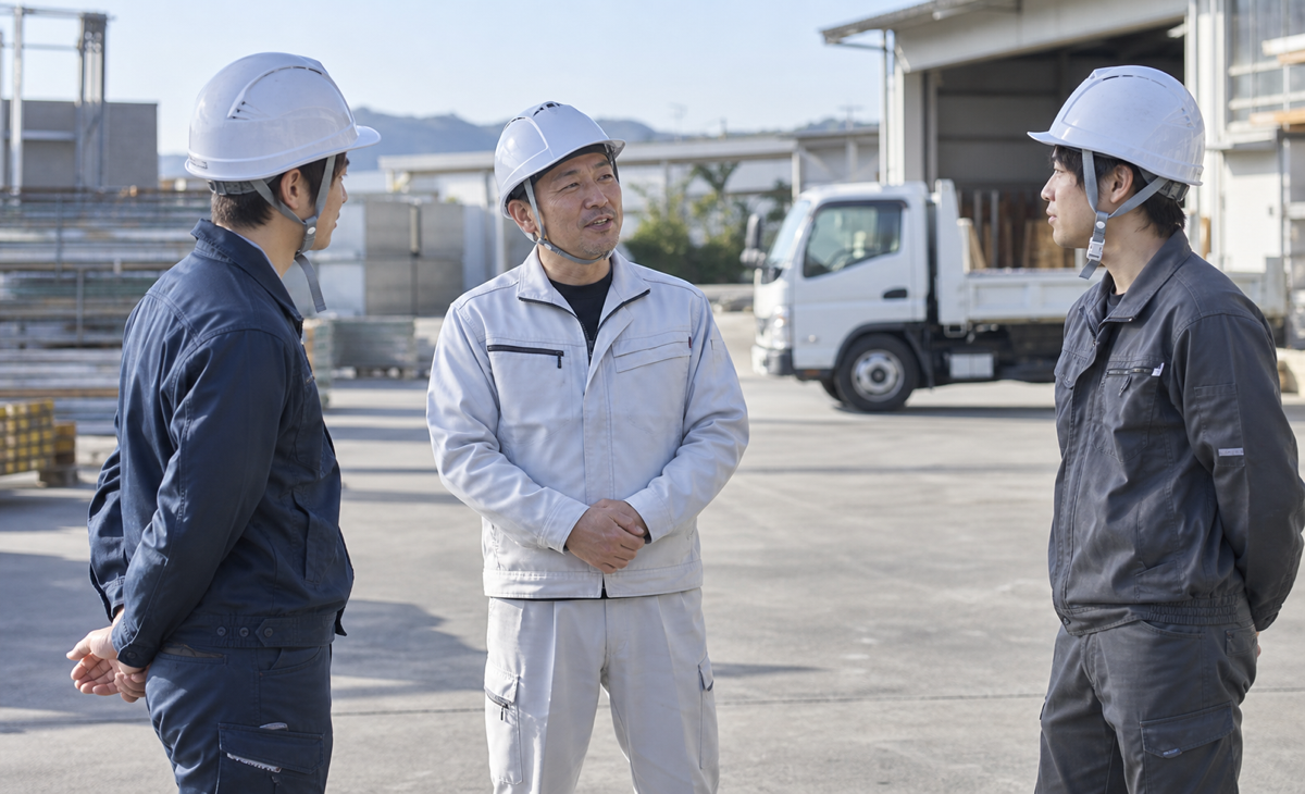 現場へ出発する前に、作業員が一日の工程を共有する場面