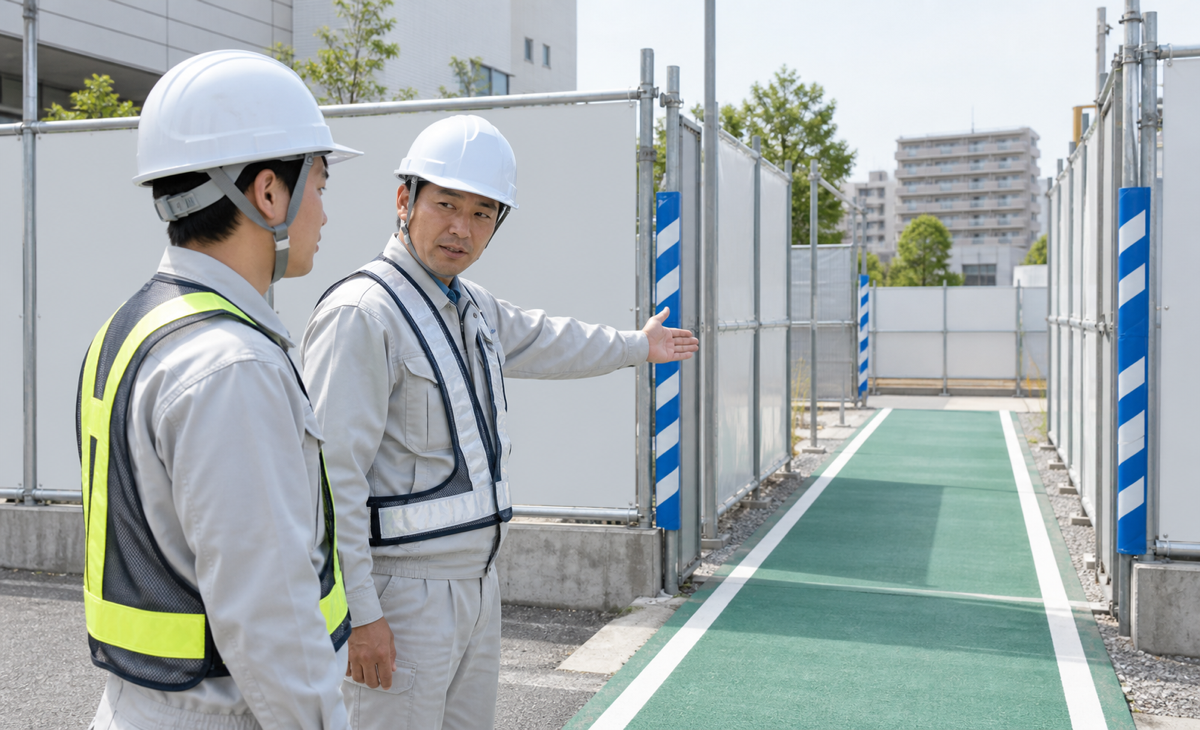 先輩が新人に安全な入場ルートを伝える場面
