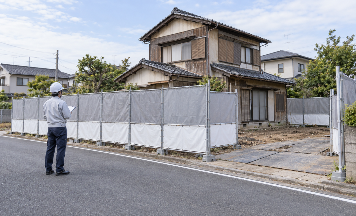 解体前の木造住宅と仮設フェンスを確認する担当者