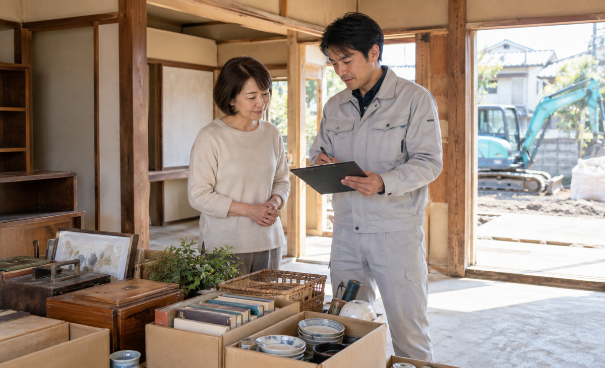 片付けを確認する家の所有者と解体工事の担当者