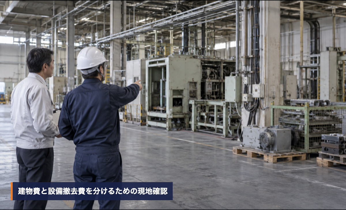 停止中の工場内で生産設備と配管を確認する担当者と解体調整者