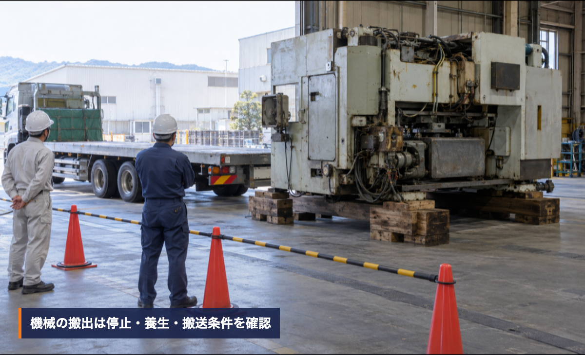 安全区画の外から搬出前の大型機械と運搬車両を確認する作業員