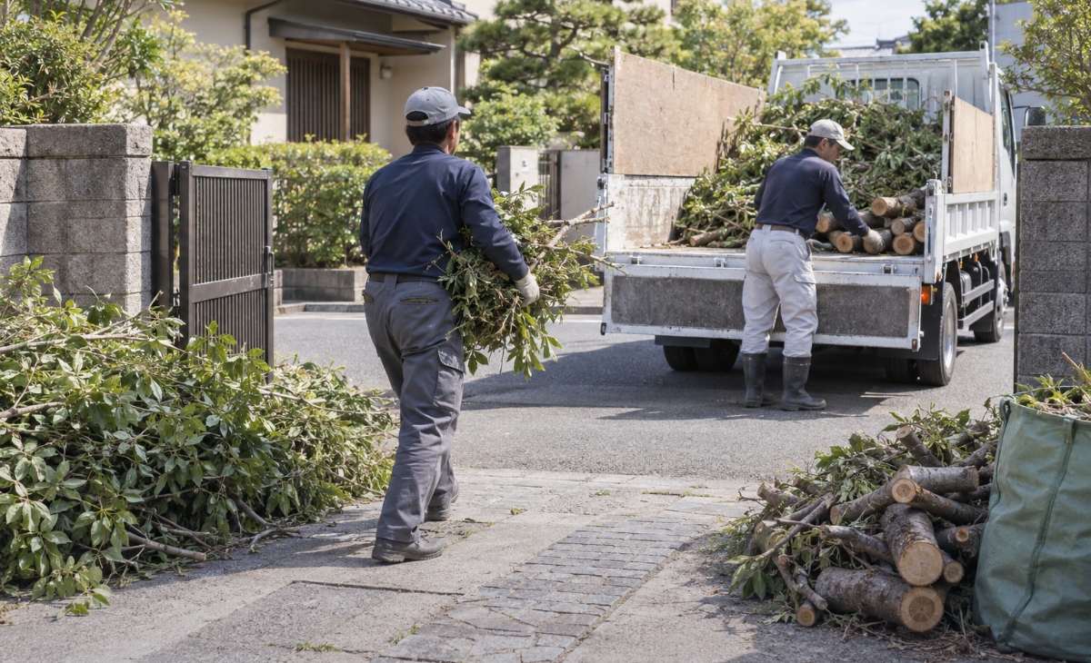 住宅の門から伐採済みの枝と幹をトラックへ積み込む作業員