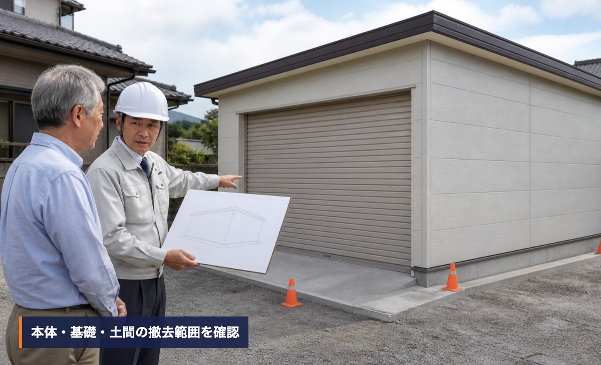 所有者と担当者がガレージ本体と基礎と土間の撤去範囲を確認する様子