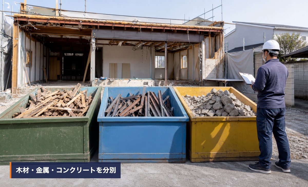 ガレージ解体で発生した金属と木材とコンクリートを分別する様子