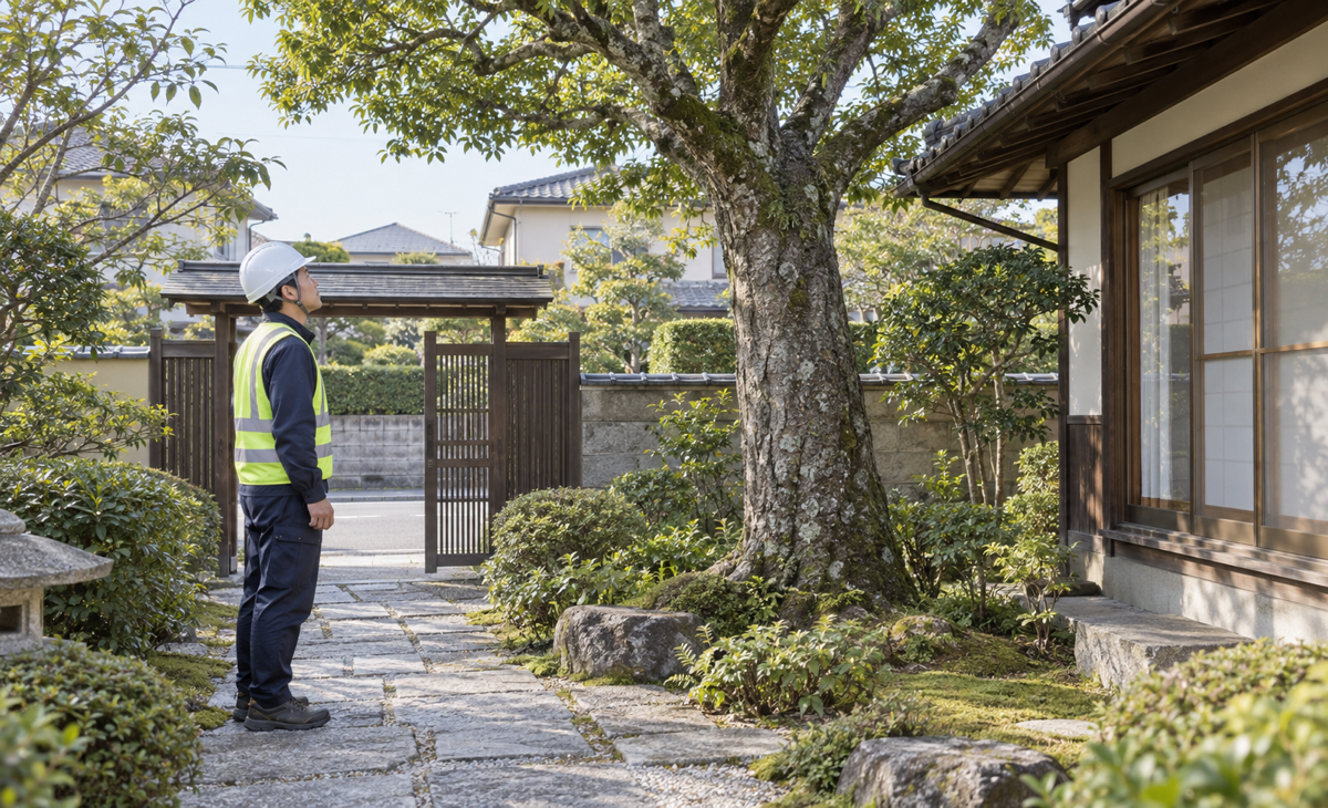 木の周囲と搬出路を確認してから、伐採の作業範囲を比べます。