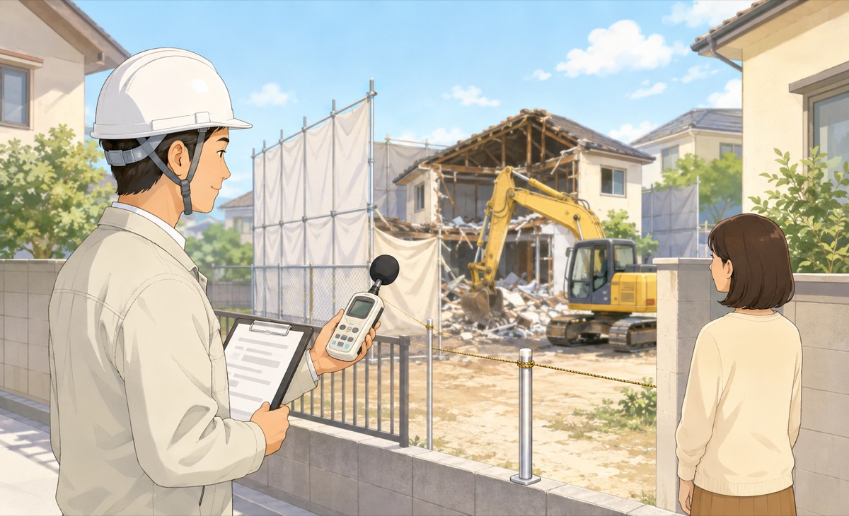 敷地境界付近で騒音計を確認する施工担当者