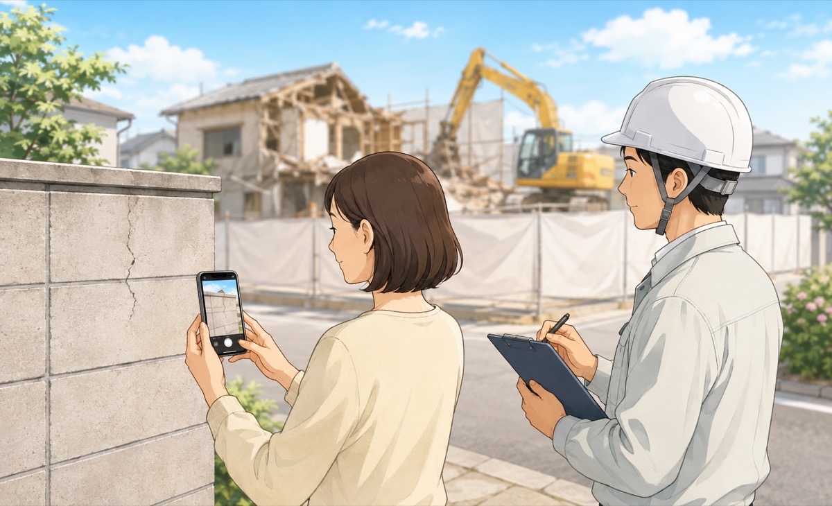 隣家側の壁を写真で記録する住宅所有者と施工担当者