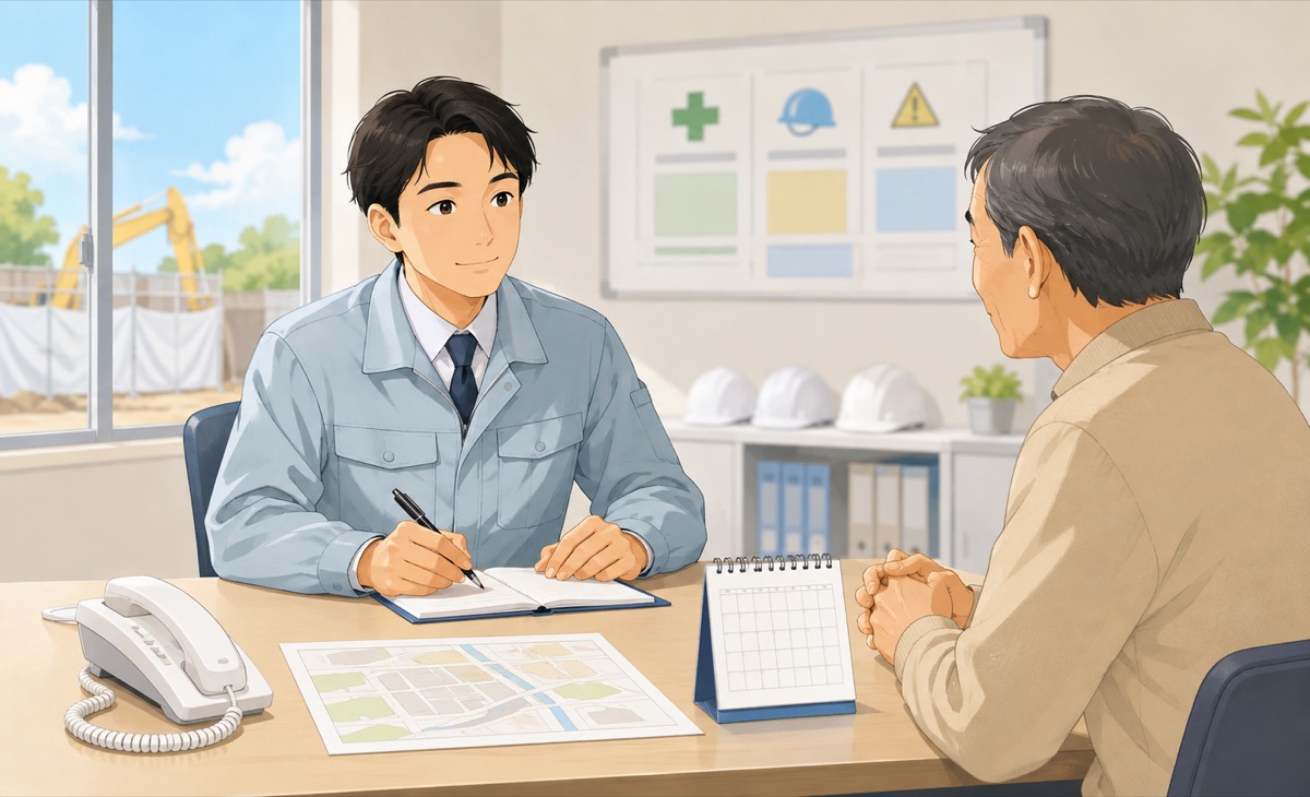 近隣からの申し出を聞き対応を記録する施工担当者
