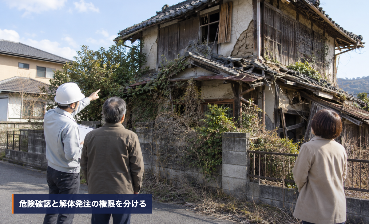 危険な空き家の屋根と外壁を離れた位置から確認する自治体担当者