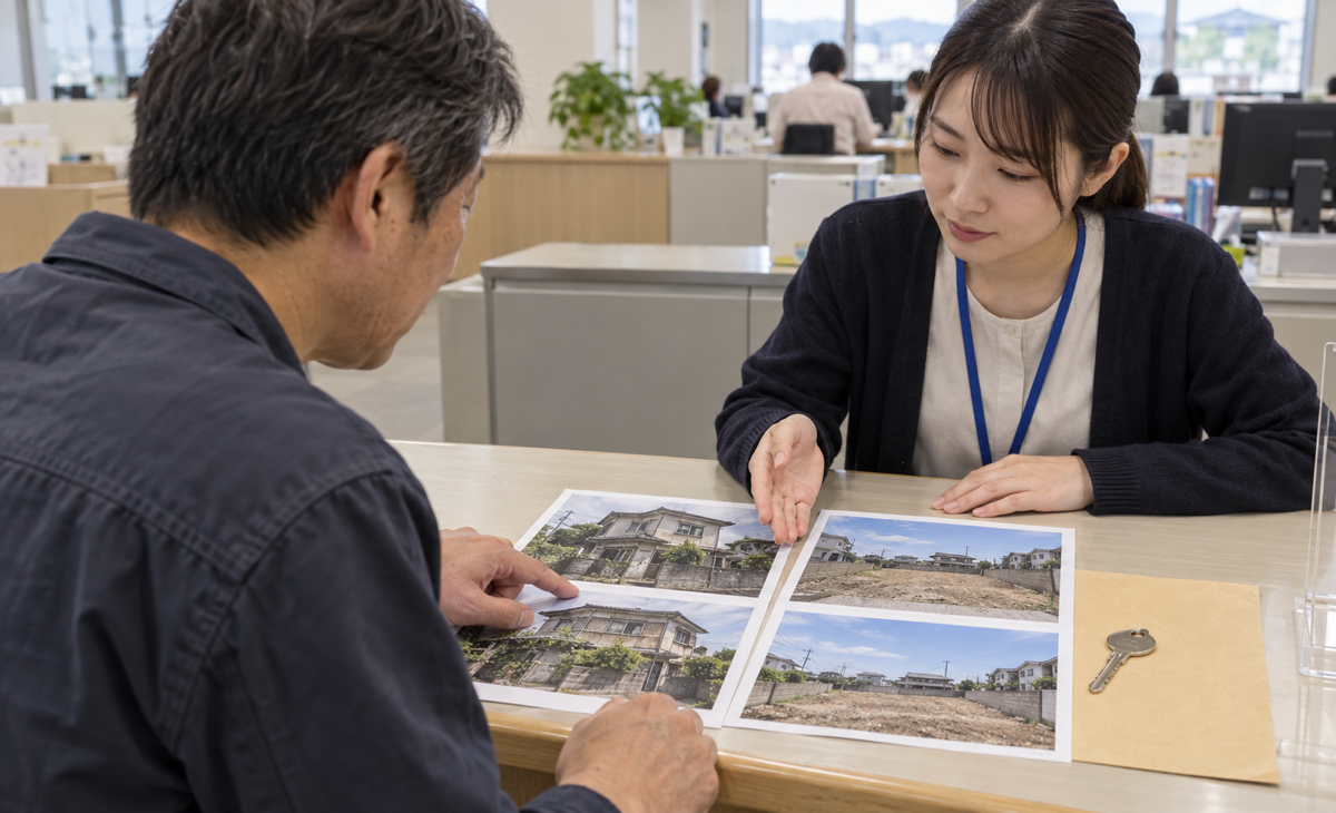 自治体窓口で空き家の解体前後写真を確認する相続人