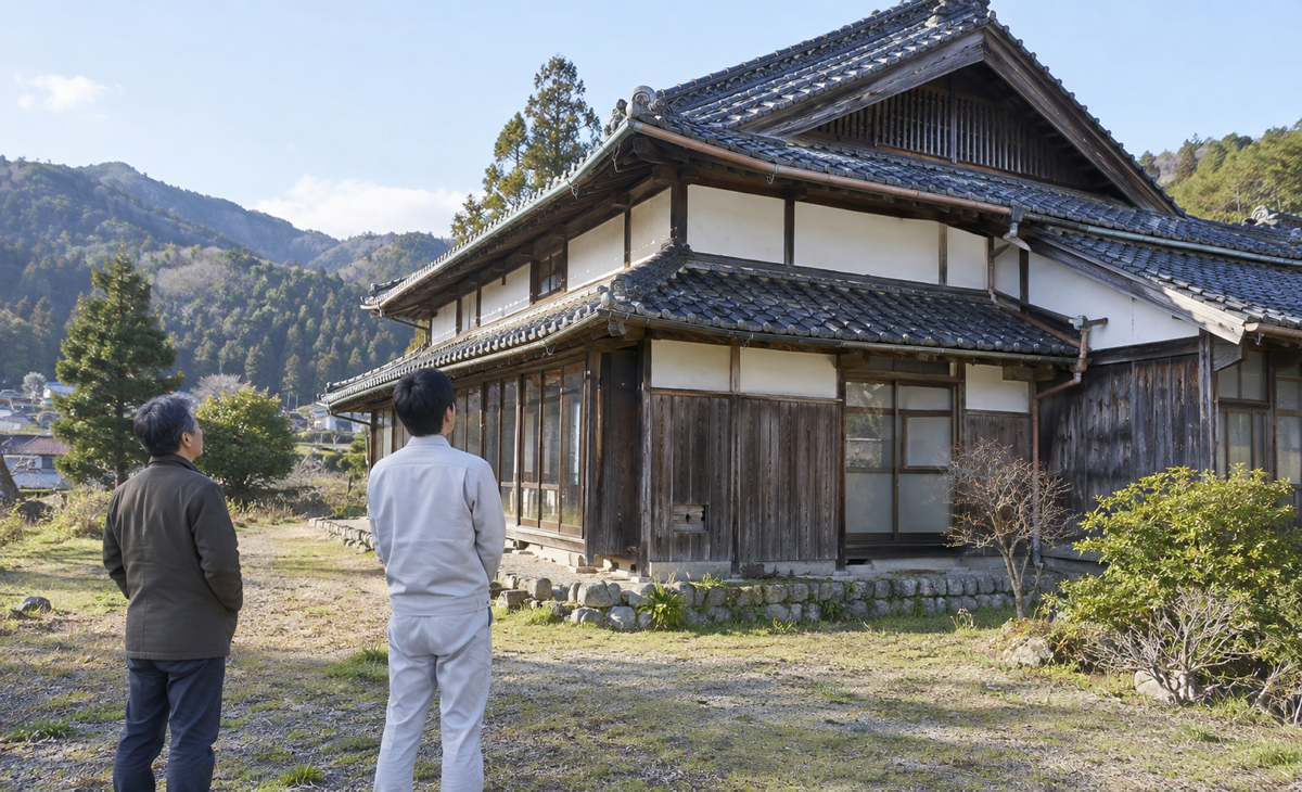 古民家の外観を安全な距離から確認する所有者と調査担当者