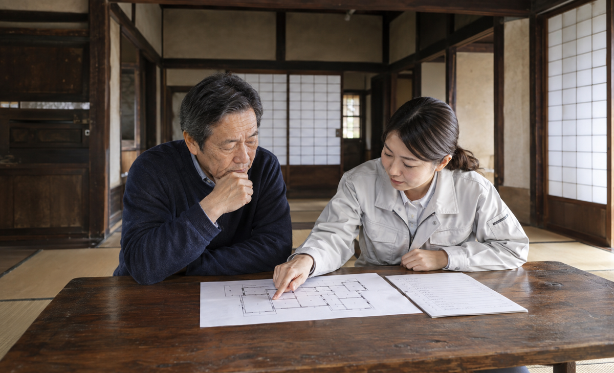 古民家の図面と確認項目を見ながら相談する所有者と担当者
