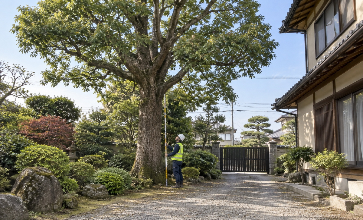 大木の高さだけでなく、建物・道路・門との位置関係も確認材料です。