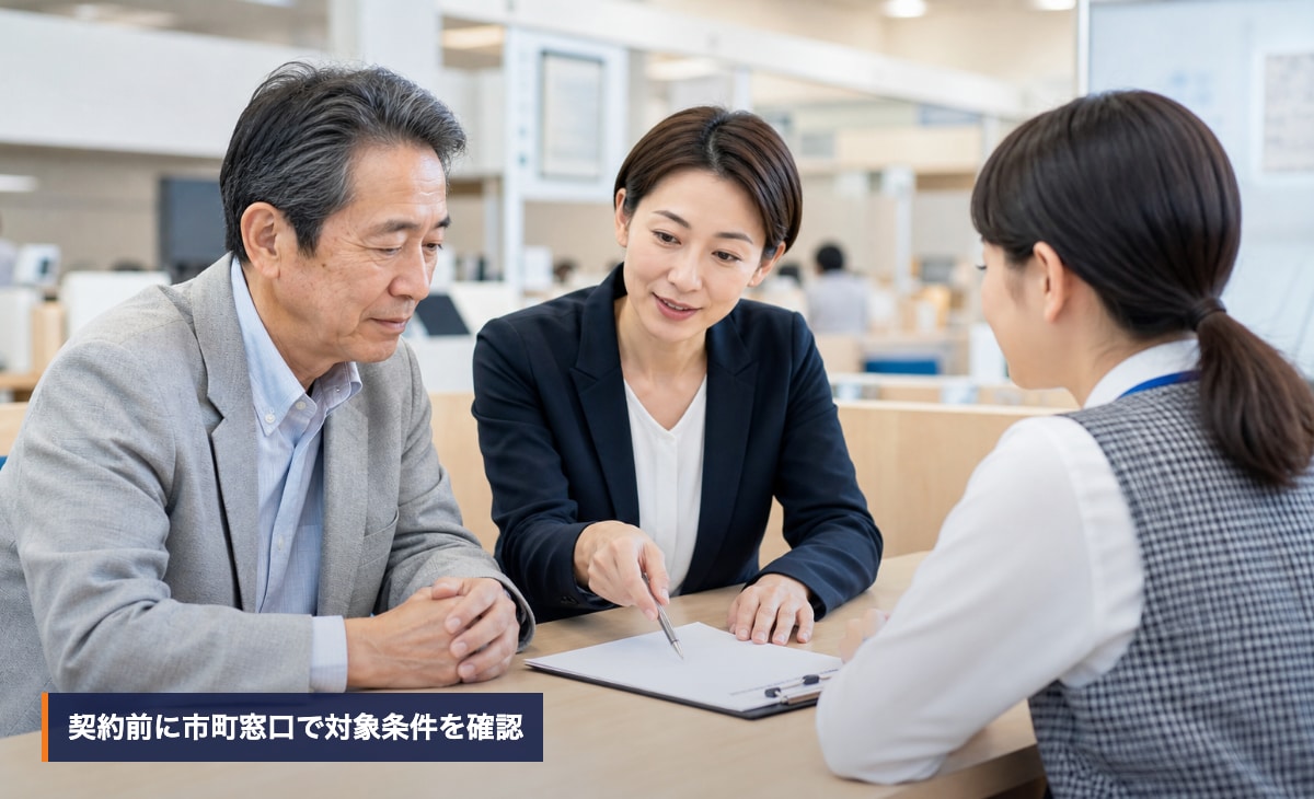所有者が自治体窓口で解体補助金の対象条件を確認する様子