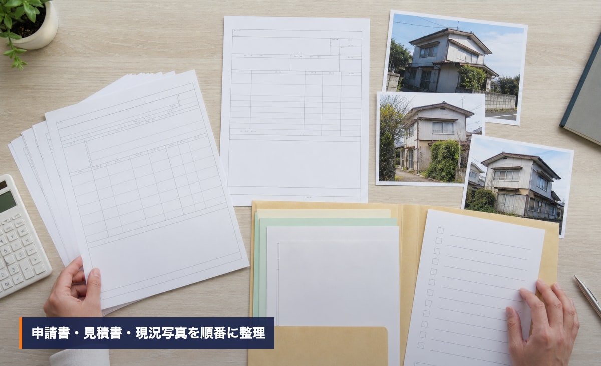 解体補助金の申請書と見積書と現地写真を順番に整理する様子