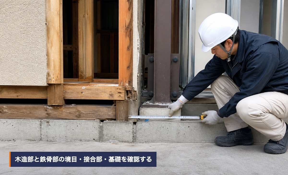 木造母屋と鉄骨増築部の接合部や基礎を現地で確認する様子