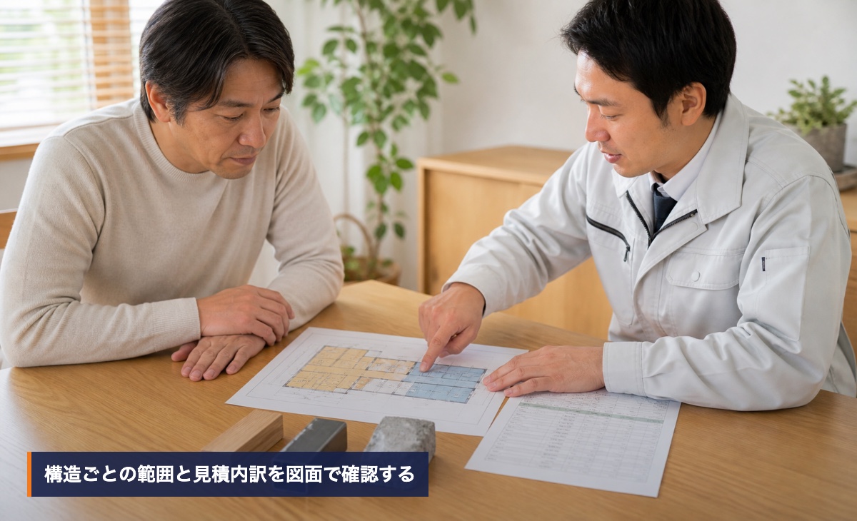 木材・金属・コンクリートの処分範囲を図面と見積書で確認する様子