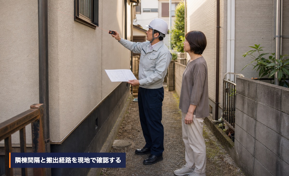 担当者と住宅所有者が狭い通路の幅と搬出経路を現地で確認する様子