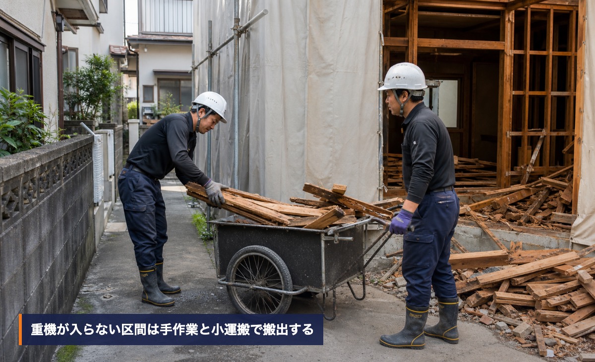 住宅密集地で作業員が手作業で部材を小運搬する様子