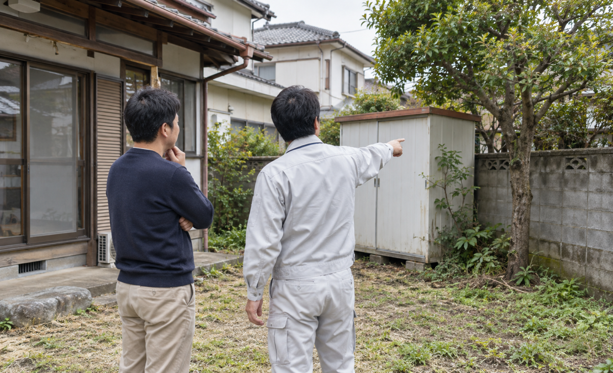 古家本体と物置・外構を現地で確認する購入予定者と解体担当者