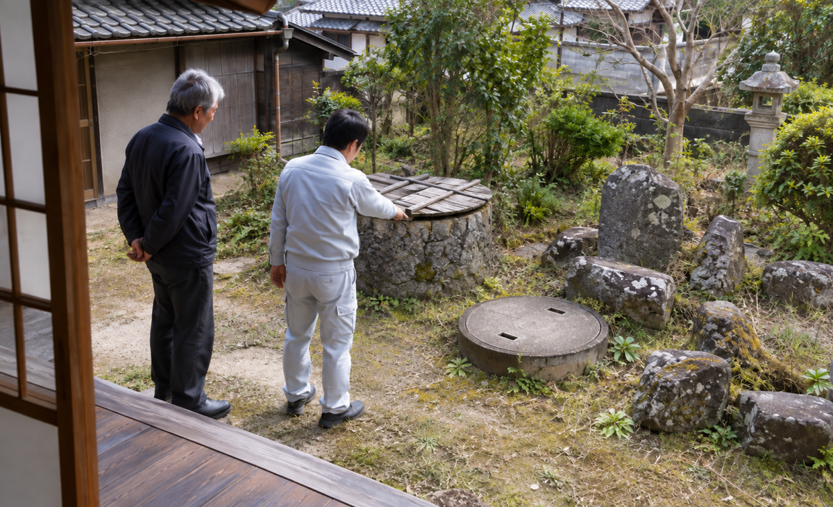 古家の井戸・庭石・浄化槽などを撮影して撤去範囲を確認する担当者