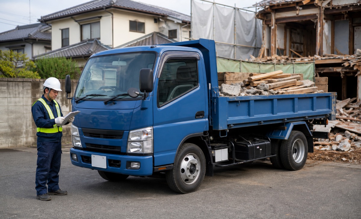 解体現場で作業員が廃棄物を積んだ運搬車と搬出伝票を確認するイメージ