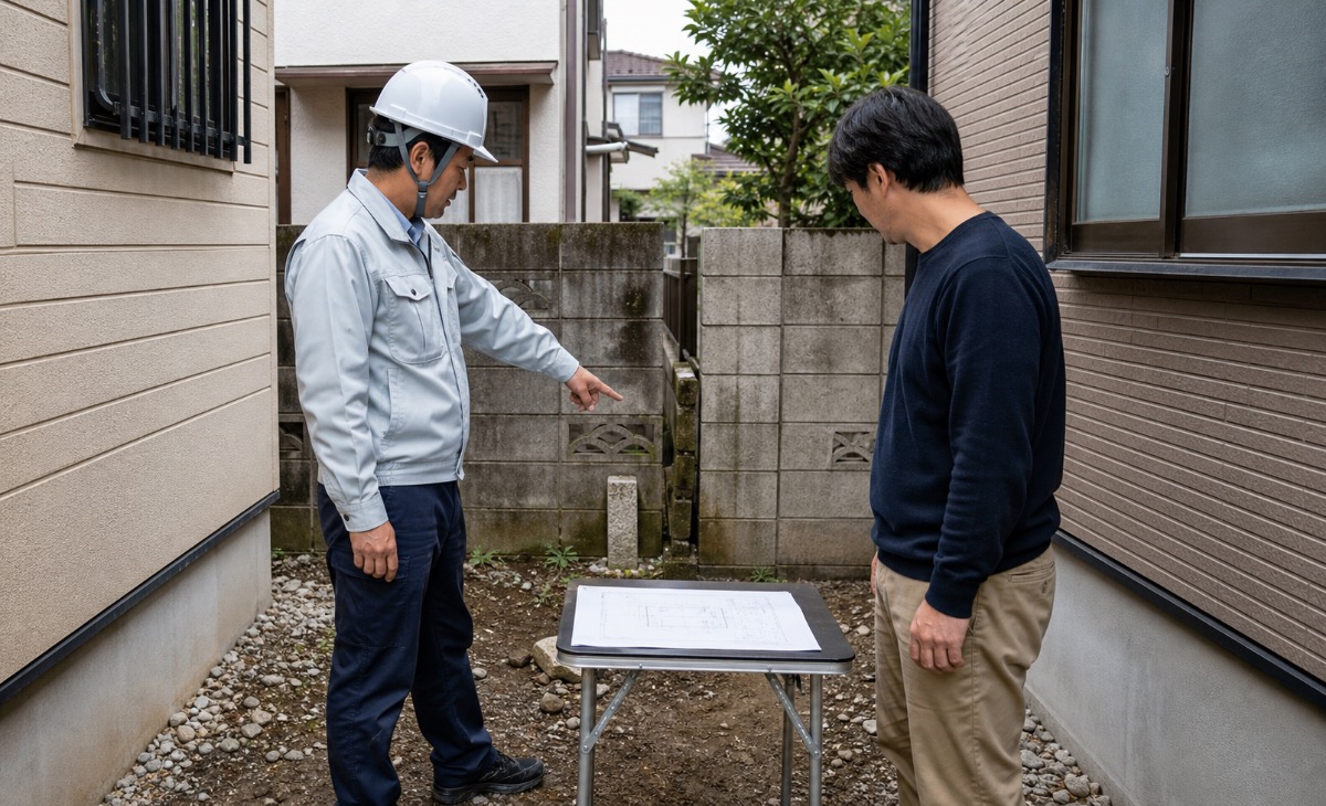 業者が境界のブロック塀を示し、住宅所有者が説明を聞く様子