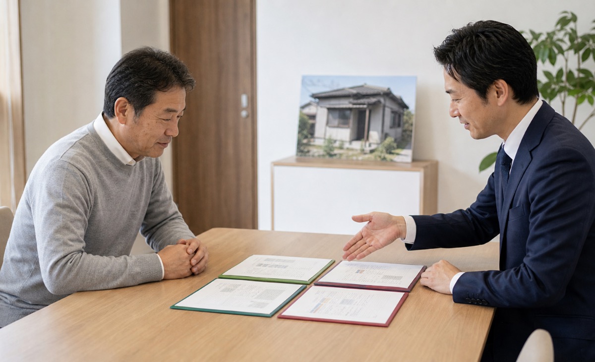 住宅所有者が専門家へ補助金・ローン・売却の選択肢を相談するイメージ