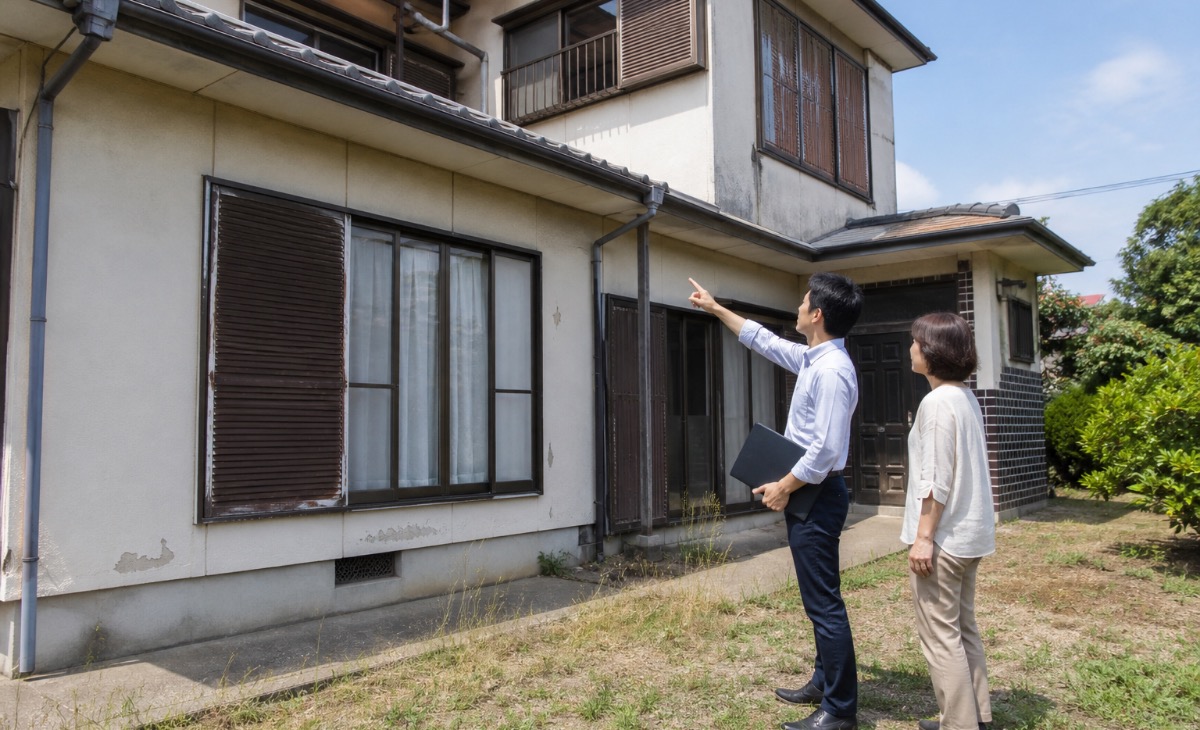 担当者と住宅所有者が空き家の状態と売却可能性を現地で確認するイメージ
