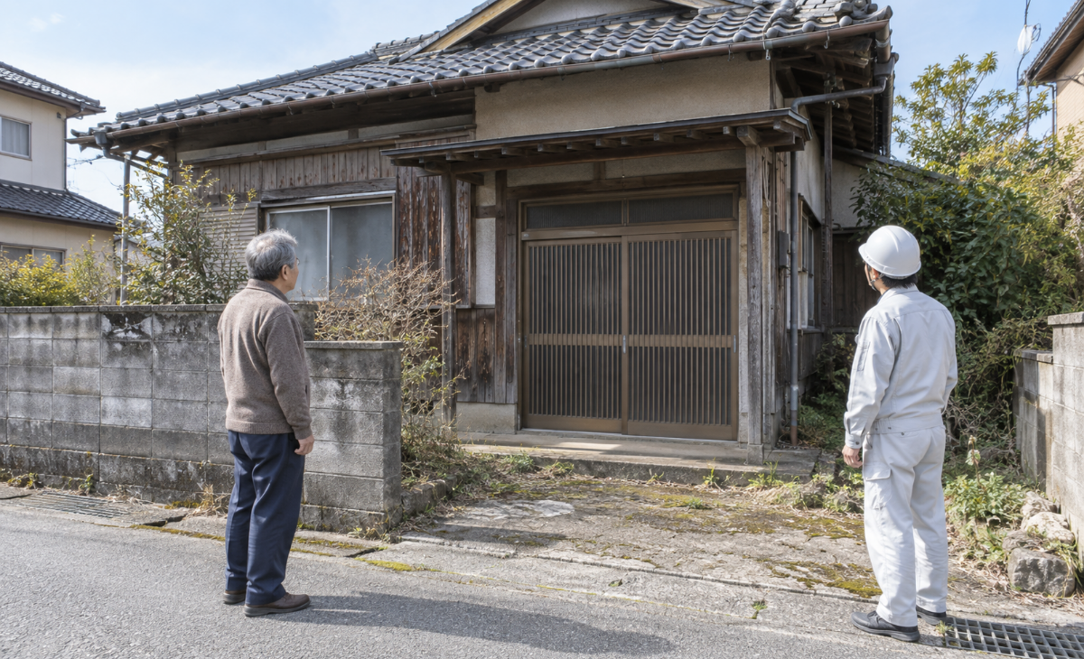 老朽化した共有建物の外観を専門担当者と共有者が確認する様子