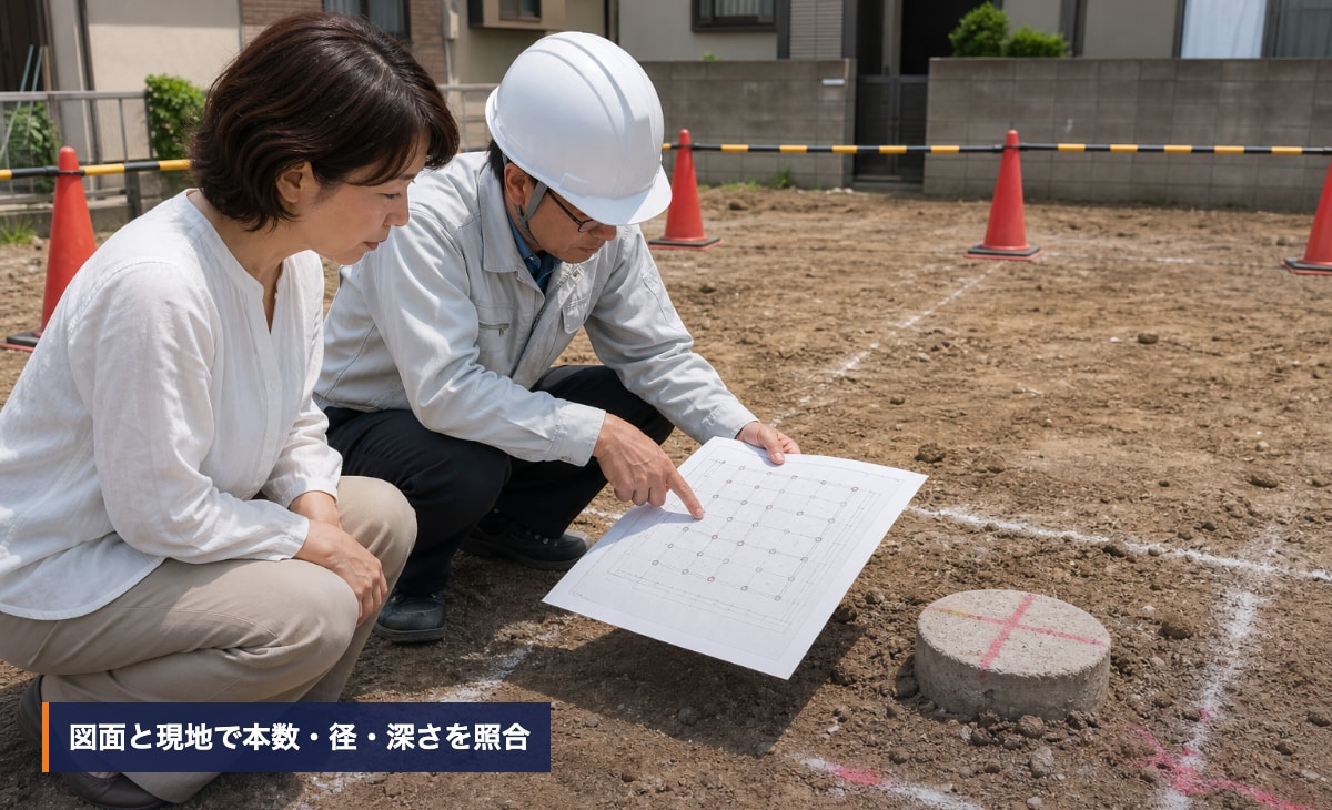 地中杭の位置と長さを図面と現場で照合する様子